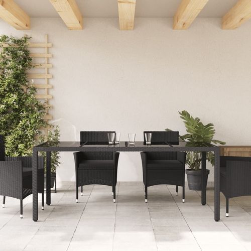 vidaXL Garden Table with Glass Top Black 190x90x75 cm Poly Rattan - Home Symphony