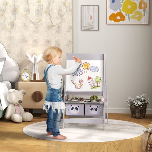 AIYAPLAY Kids Easel with Paper Roll, Blackboard, Whiteboard, Storage, Grey - Home Symphony