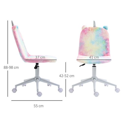 The Vinsetto Fluffy Unicorn Office Chair by Vinsetto combines a vibrant unicorn design with plush upholstery and a rainbow pattern. Featuring armrest-like protrusions, round backrest cushions, and adjustable height dimensions for seat height, width, and base length.