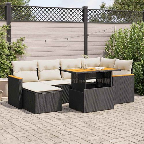 vidaXL 7 Piece Garden Sofa Set with Cushions Black Poly Rattan Acacia - Home Symphony