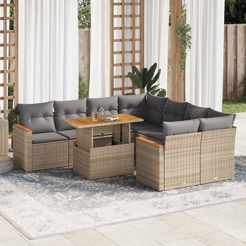 vidaXL 9 Piece Garden Sofa Set with Cushions Beige Poly Rattan Acacia - Home Symphony