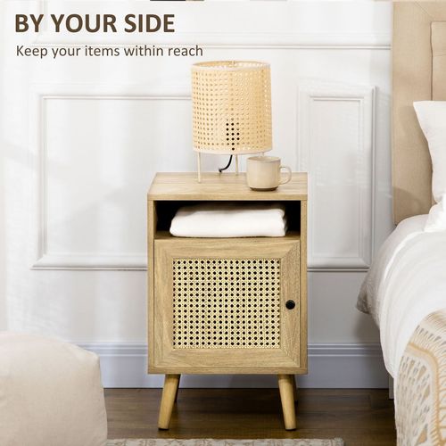 HOMCOM Nightstand, Rattan Bedside Table, Sofa Side Table w/ Cabinet, Shelf - Home Symphony