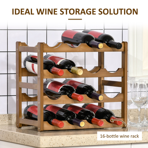 Bamboo Wine Rack for 16 Bottles 43x38x23.5 cm with 4-Tier Display, perfect for wine enthusiasts and home decor.