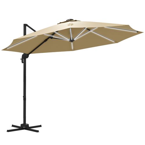 Outsunny 3(m) Solar LED Cantilever Parasol Adjustable Garden Umbrella Khaki - Home Symphony