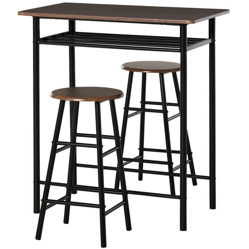 HOMCOM Compact Bar Set with Metal Frame and Oak Finish Featuring Storage Shelf for Small Spaces - Dining Set