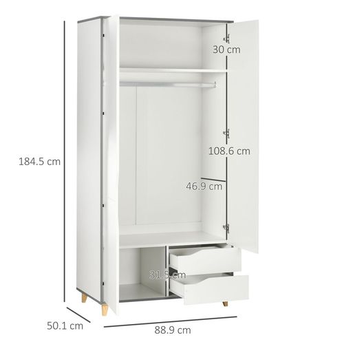 Wardrobe with Drawers, Shelves, Hanging Rail, Bedroom Clothes Organizer, White - Home Symphony