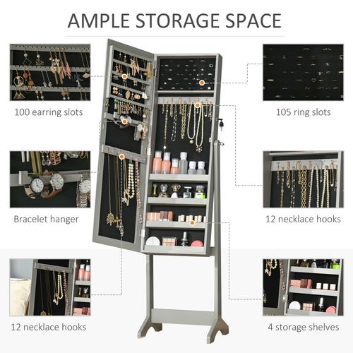 Mirrored Jewellery Cabinet Lockable Jewellery Organiser Grey - Home Symphony