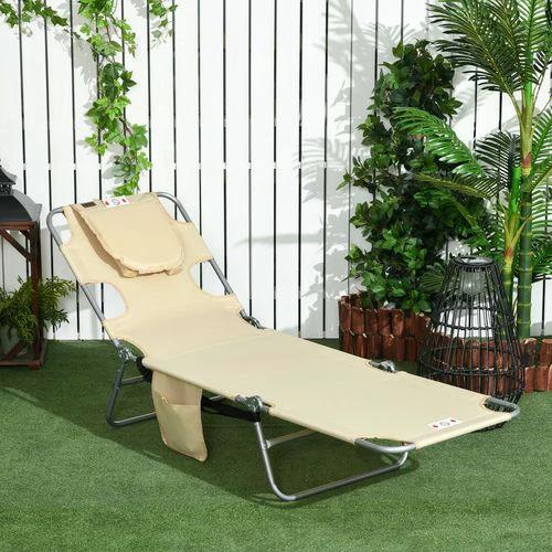 Patio Foldable Sun Lounger 5 Level Adjustable Reclining Chair Beige by Outsunny