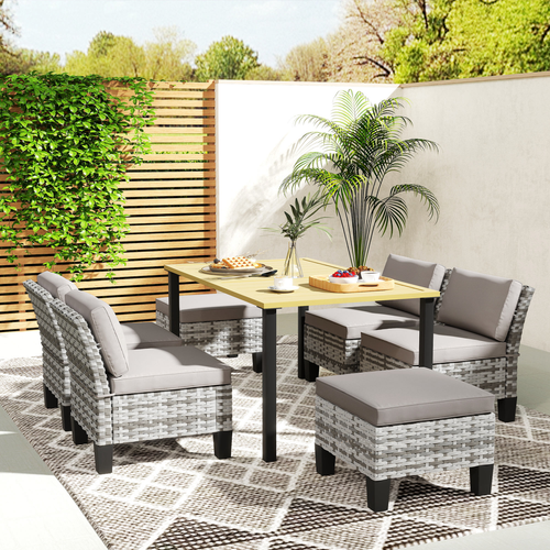 Outsunny 7 Piece Rattan Garden Dining Set with Cushions and Umbrella Hole for Outdoor Gatherings - Home Symphony
