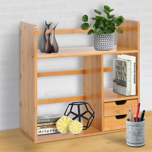 Bamboo Desktop Organizer with 180 Degree Rotation and Two Drawers for Office Storage Enthusiasts - Home Symphony