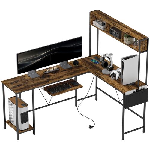 HOMCOM Reversible Corner Desk w/ USB Port, Long Computer Desk for 2 Person - Home Symphony