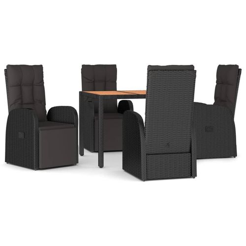 5 Piece Garden Dining Set Black Poly Rattan&Solid Wood Acacia - Home Symphony