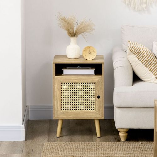 HOMCOM Nightstand, Rattan Bedside Table, Sofa Side Table w/ Cabinet, Shelf - Home Symphony