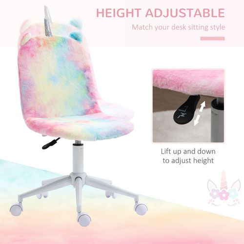 The Vinsetto Fluffy Unicorn Office Chair features plush pastel tie-dye upholstery, small plush ears, and a smooth white base with wheels. It includes an adjustable height lever decorated with a whimsical unicorn design.
