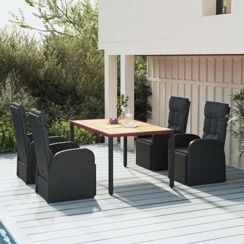 5 Piece Garden Dining Set Black Poly Rattan&Solid Wood Acacia - Home Symphony