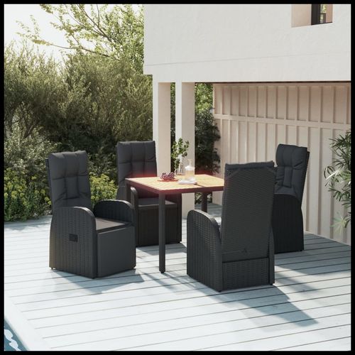 5 Piece Garden Dining Set Black Poly Rattan&Solid Wood Acacia - Home Symphony