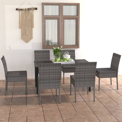 vidaXL 7 Piece Outdoor Dining Set with Cushions Poly Rattan Grey - Home Symphony