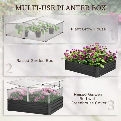 Outsuuny Galvanised Raised Garden Bed with Greenhouse and Cover, Dark Grey - Home Symphony