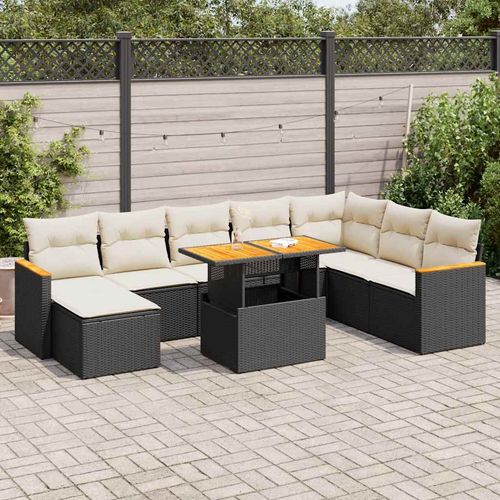 vidaXL 9 Piece Garden Sofa Set with Cushions Black Poly Rattan Acacia - Home Symphony