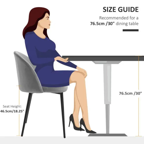 Illustration of a woman in a blue dress sitting at a dining table. The 2 Pieces Modern Upholstered Fabric Bucket Seat Dining Chairs feature an armless design, stand 46.5 cm high, and complement the tables 76.5 cm height, showcasing ideal dining set proportions. Brand: Unbranded.