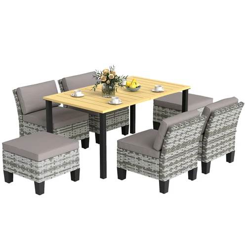 Outsunny 7 Piece Rattan Garden Dining Set with Cushions and Umbrella Hole for Outdoor Gatherings by Outsunny