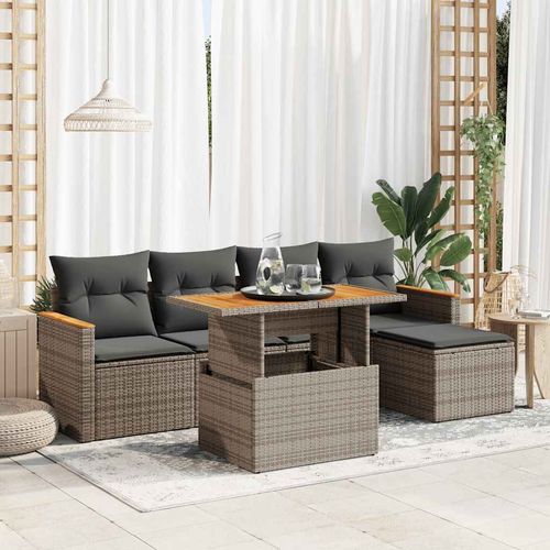 vidaXL 6 Piece Garden Sofa Set with Cushions Grey Poly Rattan Acacia - Home Symphony