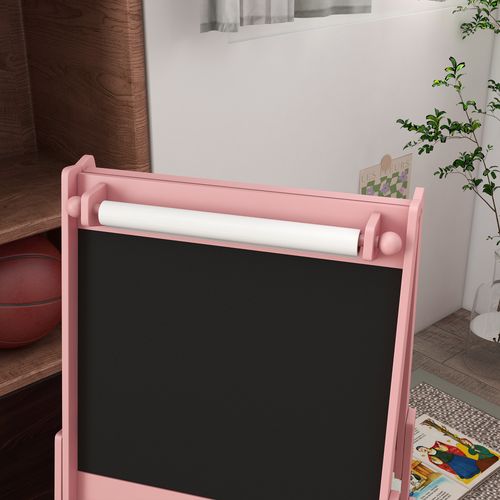 AIYAPLAY Kids Easel with Paper Roll, Blackboard, Whiteboard, Storage, Pink - Home Symphony