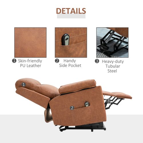Image of the brown Power Lift Chair Electric Riser Recliner by HOMCOM shows its skin-friendly PU leather, side pocket, and heavy-duty tubular steel frame. It is partially reclined with remote control, highlighting ergonomic design and comfort features.