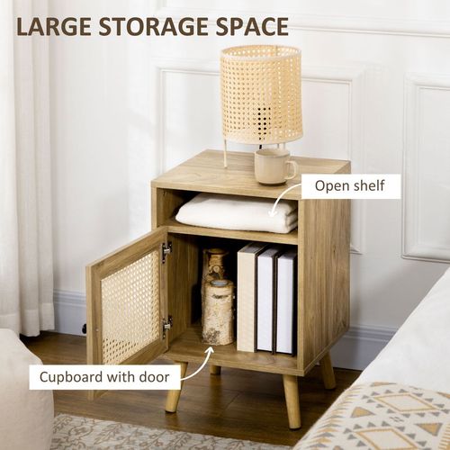 HOMCOM Nightstand, Rattan Bedside Table, Sofa Side Table w/ Cabinet, Shelf - Home Symphony