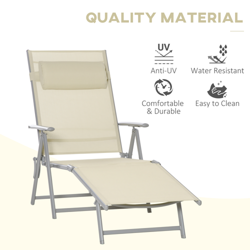 Beige Folding Chaise Lounge Chair with Seven Adjustable Backrest for Outdoor Relaxation - Home Symphony