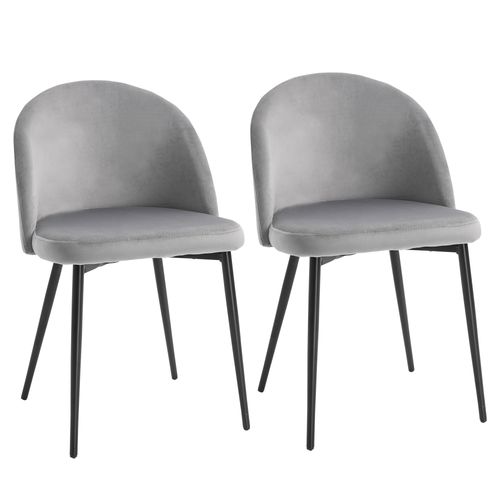 The 2 Pieces Modern Upholstered Fabric Bucket Seat Dining Chairs from Unbranded boast gray velvet-feel fabric, armless design, black metal legs, rounded backs, and cushioned seats for a sleek, contemporary style that perfectly blends comfort and elegance.