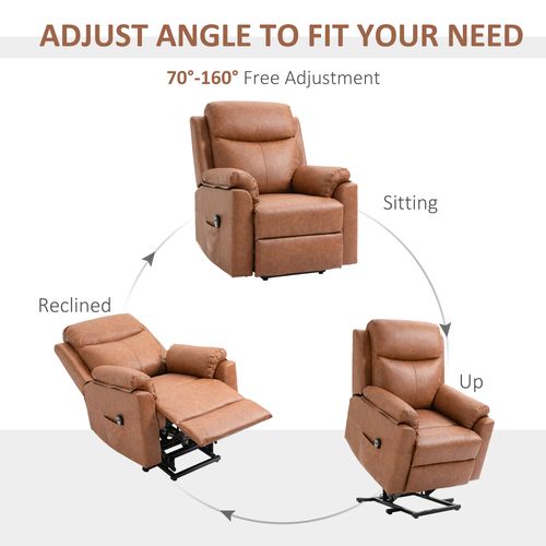 Diagram of the brown HOMCOM Power Lift Chair Electric Riser Recliner displays sitting, reclined, and uplifted positions. Text: Adjust Angle to Fit Your Need with 70°-160°. Arrows show movement via remote control.