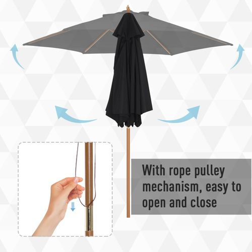 Sturdy Wooden Garden Parasol 2.5m with Ventilated Canopy and Rope Pulley for Outdoor Patios - Home Symphony
