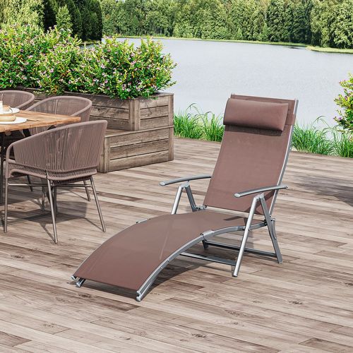 Outsunny Sun Lounger Recliner w/ Pillow Foldable 7 Levels Texteline Brown - Home Symphony