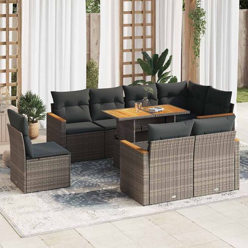 vidaXL 9 Piece Garden Sofa Set with Cushions Grey Poly Rattan Acacia - Home Symphony