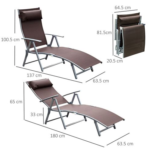 Outsunny Sun Lounger Recliner w/ Pillow Foldable 7 Levels Texteline Brown - Home Symphony