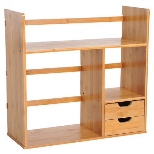Bamboo Desktop Organizer with 180 Degree Rotation and Two Drawers for Office Storage Enthusiasts - Home Symphony