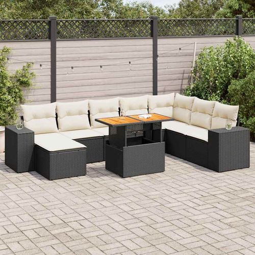 vidaXL 9 Piece Garden Sofa Set with Cushions Black Poly Rattan Acacia - Home Symphony