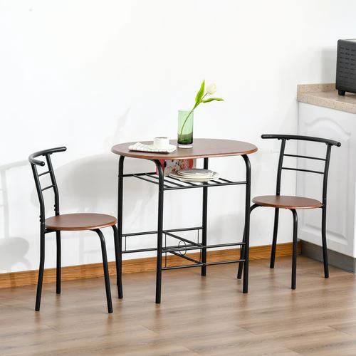 HOMCOM MDF 2-Seater Bar Stool and Table Set w/ Bottle Storage Shelf Wood Tone - Dining Set