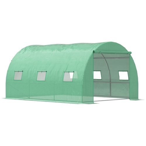 The Outsunny 4x3x2m Tunnel Greenhouse is a walk-in hot house designed for optimal plant protection with a roll-up door and six rectangular side windows. Its sturdy metal frame is covered with translucent green plastic mesh, ideal for gardening enthusiasts.