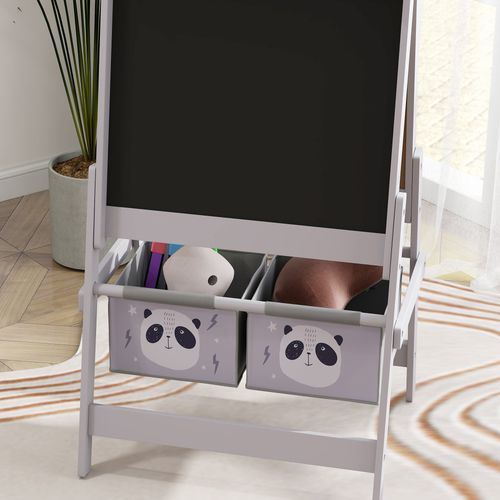 AIYAPLAY Kids Easel with Paper Roll, Blackboard, Whiteboard, Storage, Grey - Home Symphony