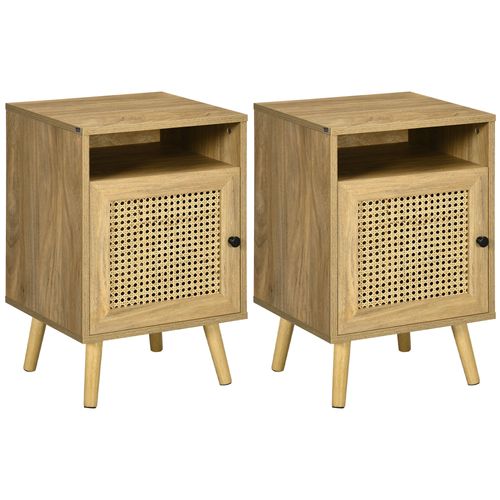 HOMCOM Nightstand, Rattan Bedside Table, Sofa Side Table w/ Cabinet, Shelf - Home Symphony