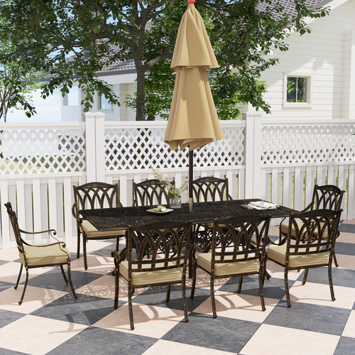 Elegant Nine-Piece Outdoor Dining Set with Cushions and Parasol Hole for Entertaining Guests - Home Symphony