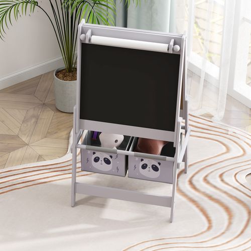 AIYAPLAY Kids Easel with Paper Roll, Blackboard, Whiteboard, Storage, Grey - Home Symphony