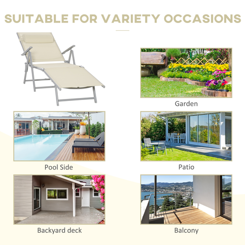 Beige Folding Chaise Lounge Chair with Seven Adjustable Backrest for Outdoor Relaxation - Home Symphony