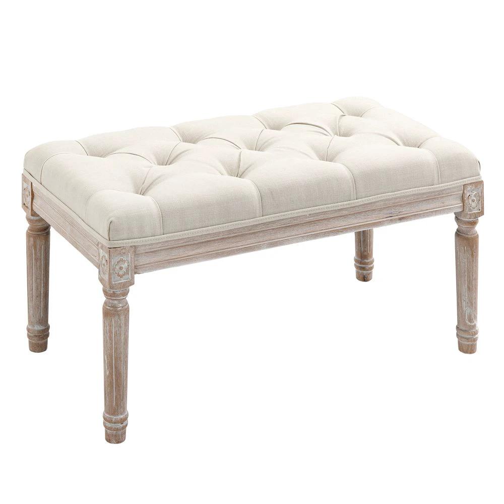 Accent Bench Tufted Upholstered Foot Stool Linen-Touch Fabric Ottoman Beige by Unbranded