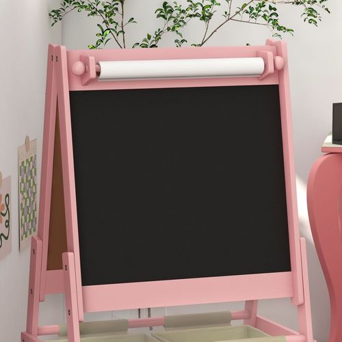 AIYAPLAY Kids Easel with Paper Roll, Blackboard, Whiteboard, Storage, Pink - Home Symphony