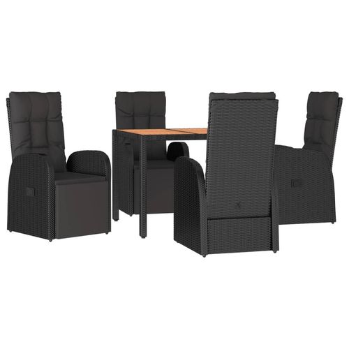 5 Piece Garden Dining Set Black Poly Rattan&Solid Wood Acacia - Home Symphony