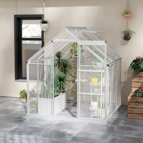 Outsunny 6 x 6ft Walk-In Polycarbonate Greenhouse with Foundation Window Silver - Home Symphony
