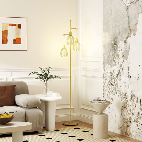 Stylish HOMCOM Industrial 3-Light Floor Lamp Dimmable Standing Lamp, Gold enhances any living space with adjustable lighting.